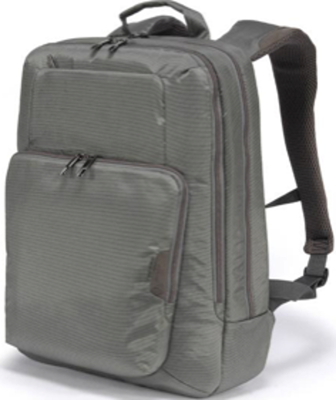 Grauer Rucksack mit mehreren Fächern und Riemen.