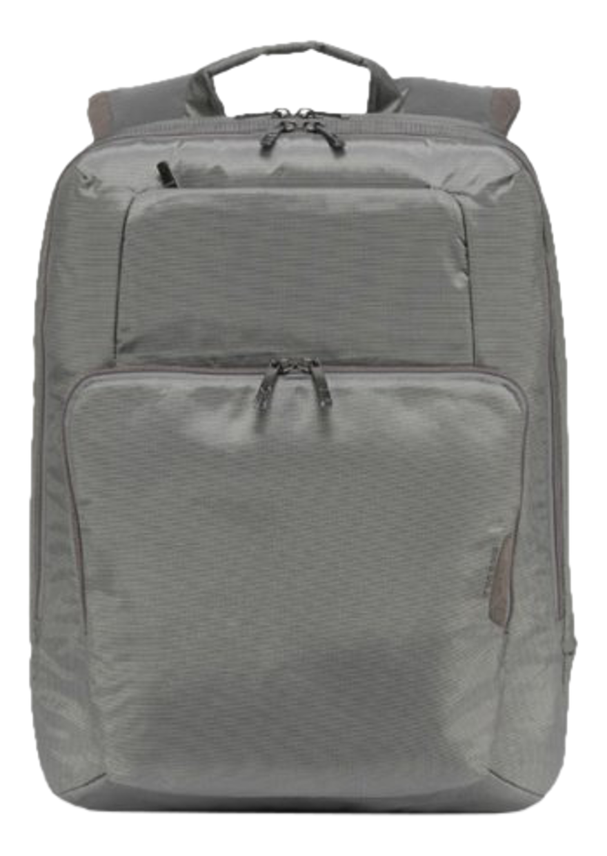 Grauer Rucksack mit mehreren Fächern und Reißverschlüssen.