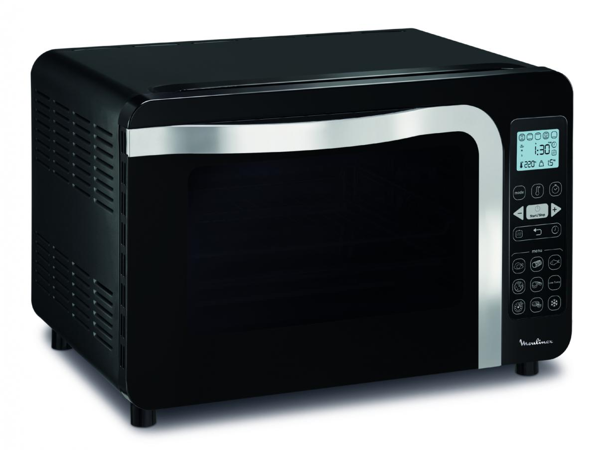 Black Moulinex oven with a control panel on a white background.