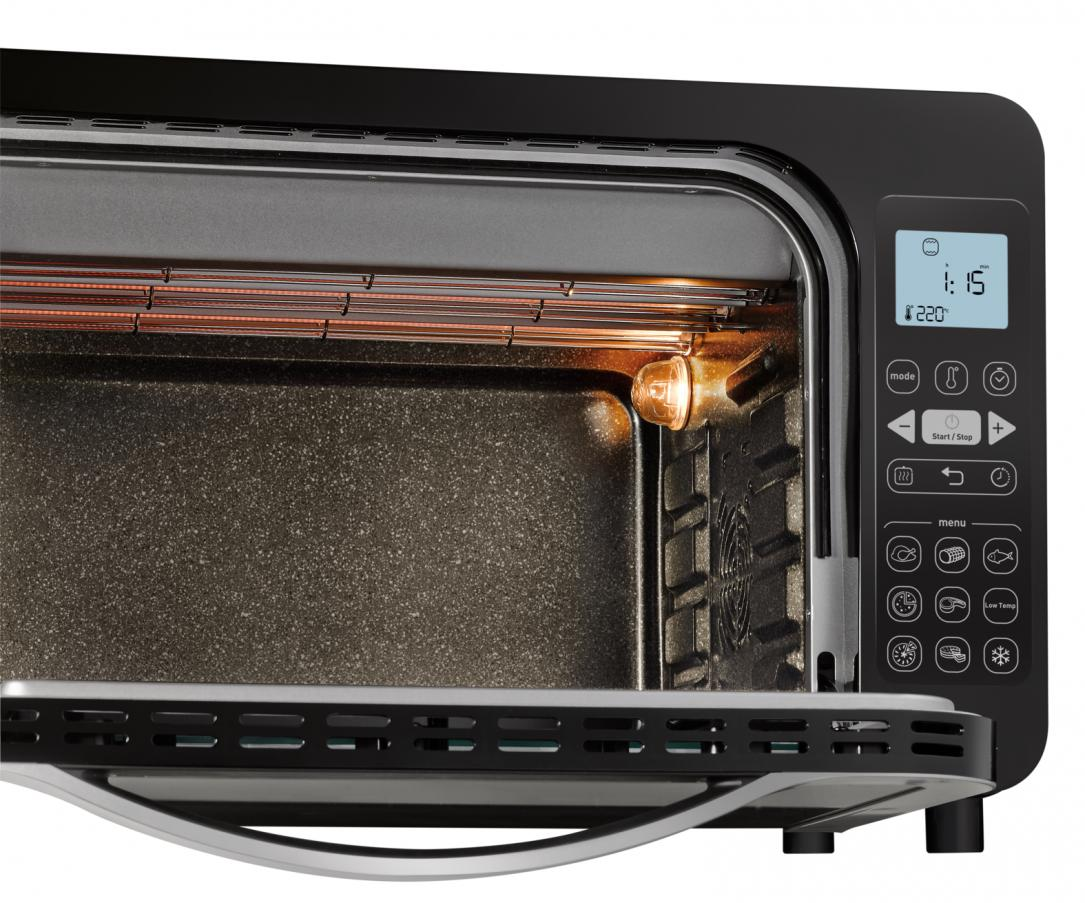 Black countertop oven with the door open. Digital display shows time and temperature.