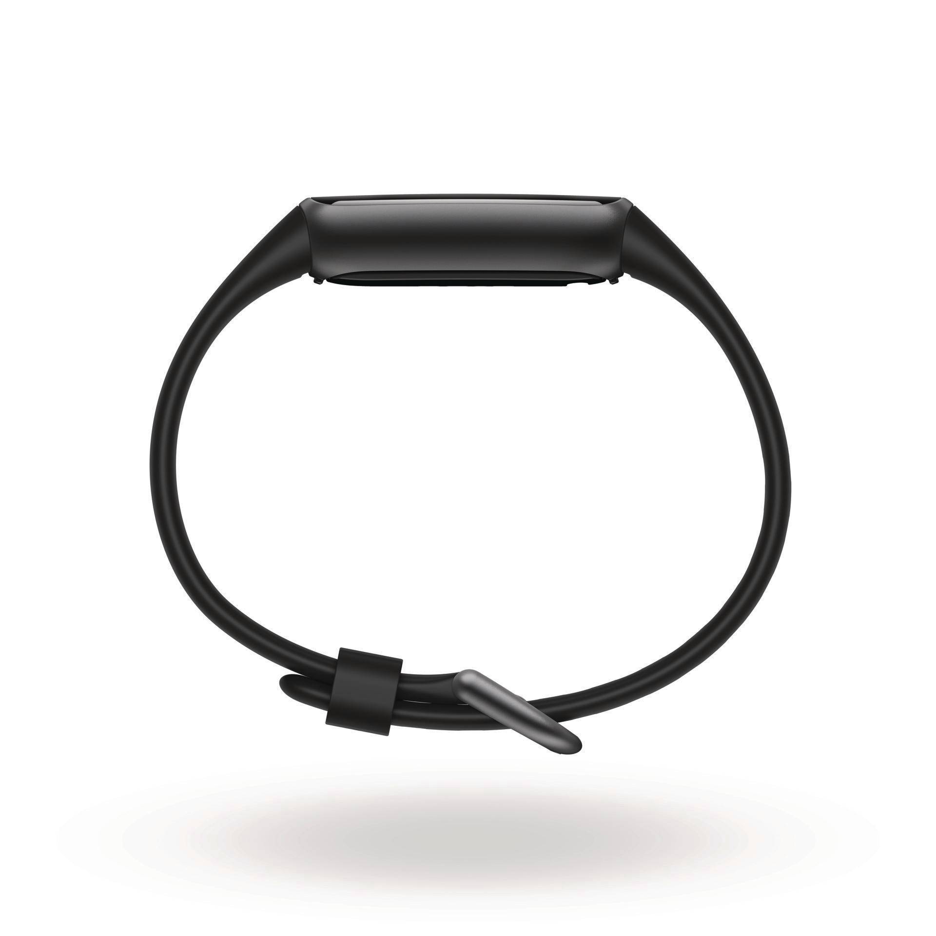 Schwarzer Fitnesstracker mit Display, schwarzes Armband, schwarzer Hintergrund.