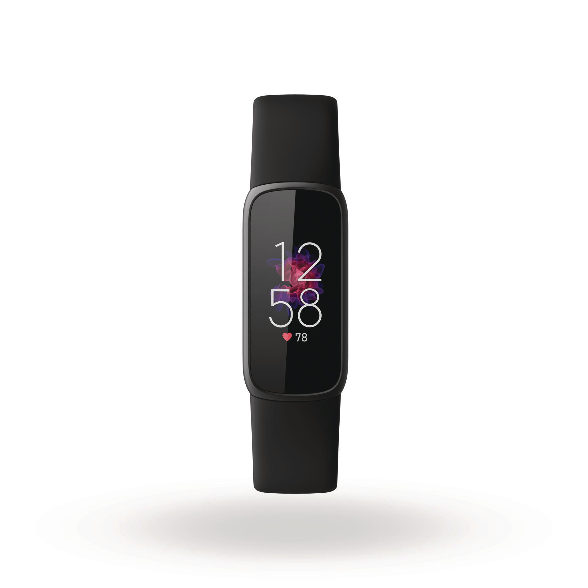 Ein schwarzer Fitnesstracker mit ovalem Bildschirm, der die Uhrzeit und ein Herzfrequenzsymbol anzeigt.