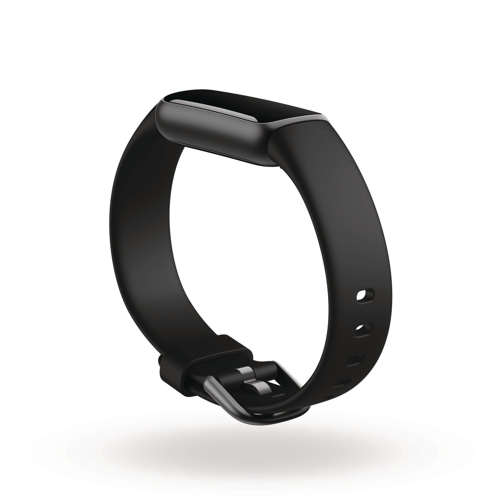 Ein schwarzer Fitbit-Aktivitätstracker mit einem schwarzen Armband.