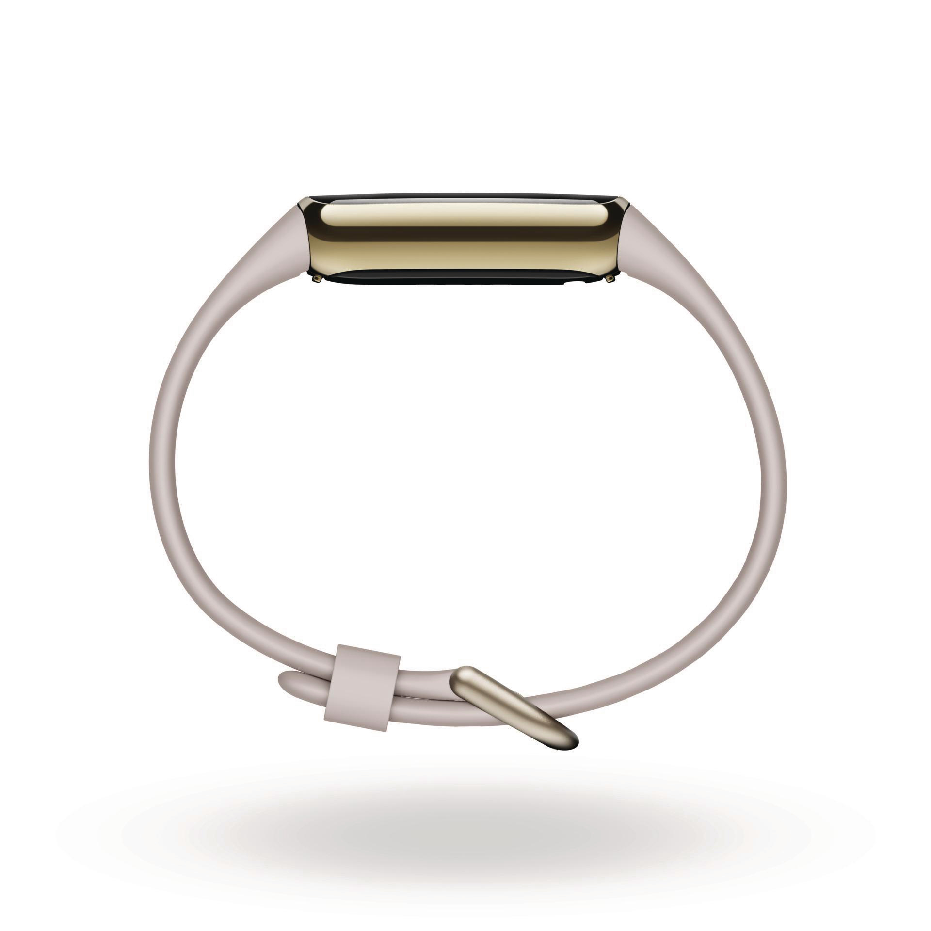 Ein goldfarbener Fitbit-Fitnesstracker an einem hellrosa Armband, vor weißem Hintergrund.