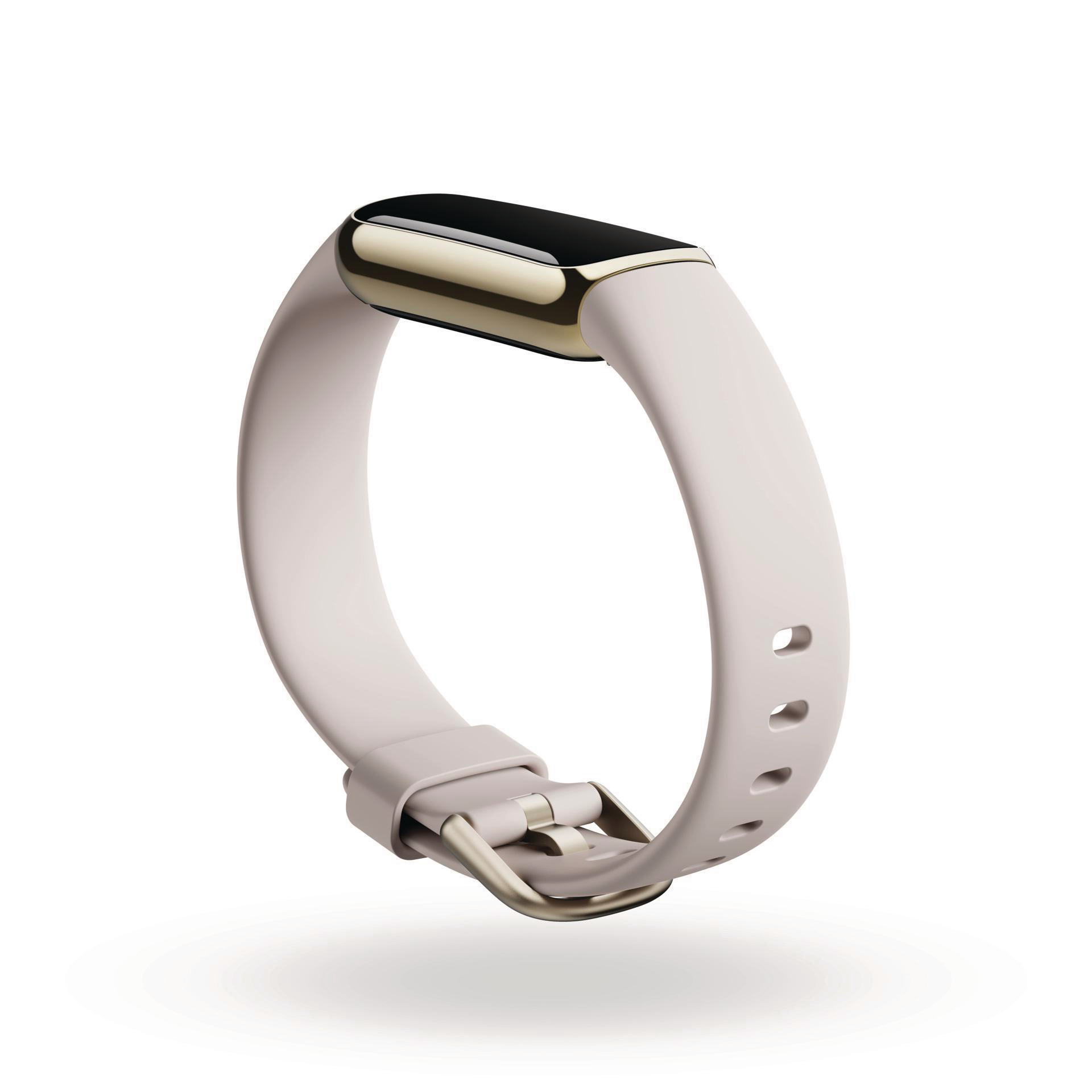 Eine hellrosa Smartwatch mit goldenen Akzenten auf weißem Grund.