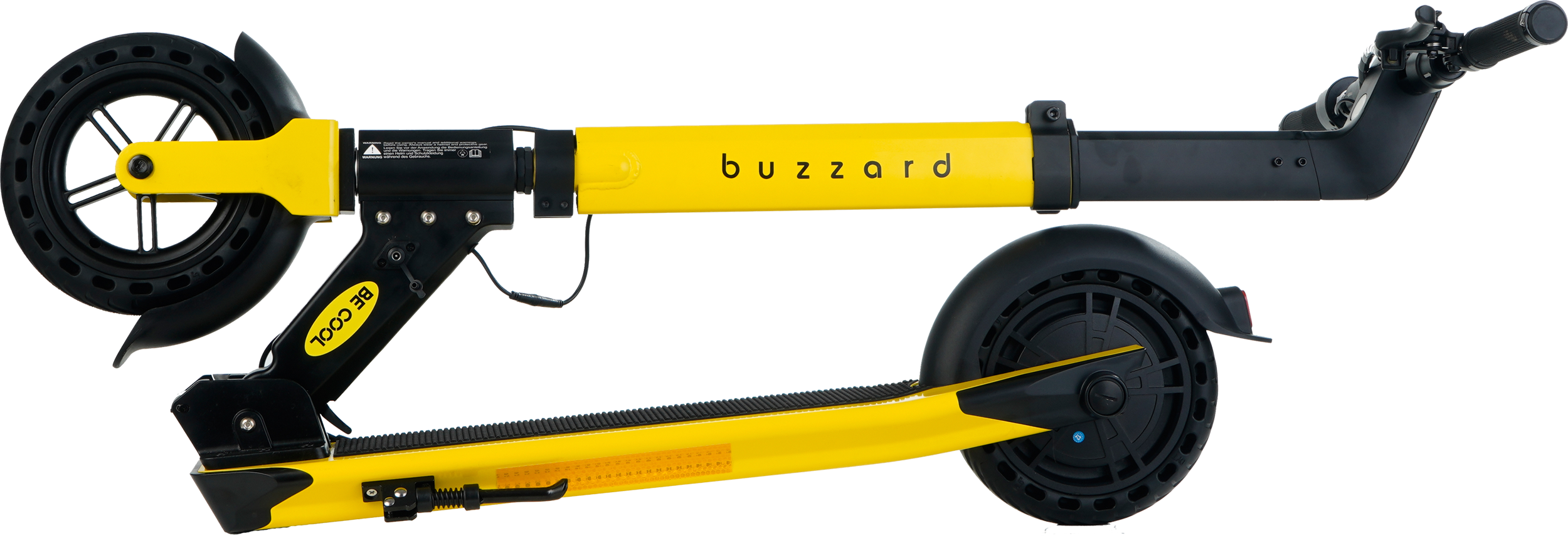 Gelber Roller mit schwarzen Details, der auf der Seite liegt. Der Roller hat das Wort Buzzard darauf.