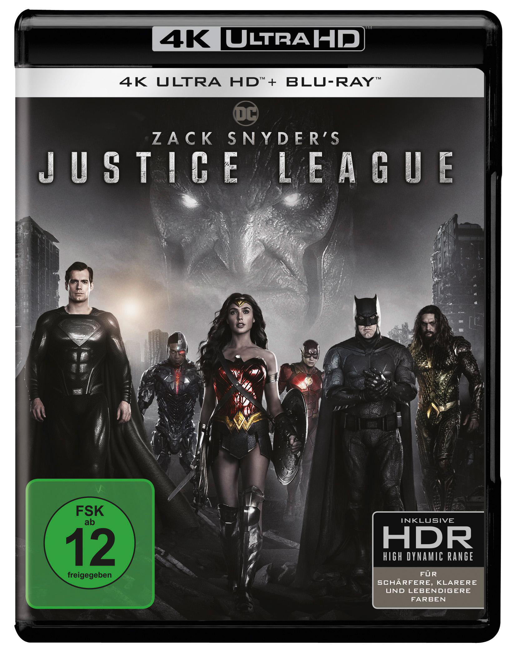 Justice League DVD-Cover: Mehrere Superhelden, darunter Batman und Wonder Woman, stehen zusammen.