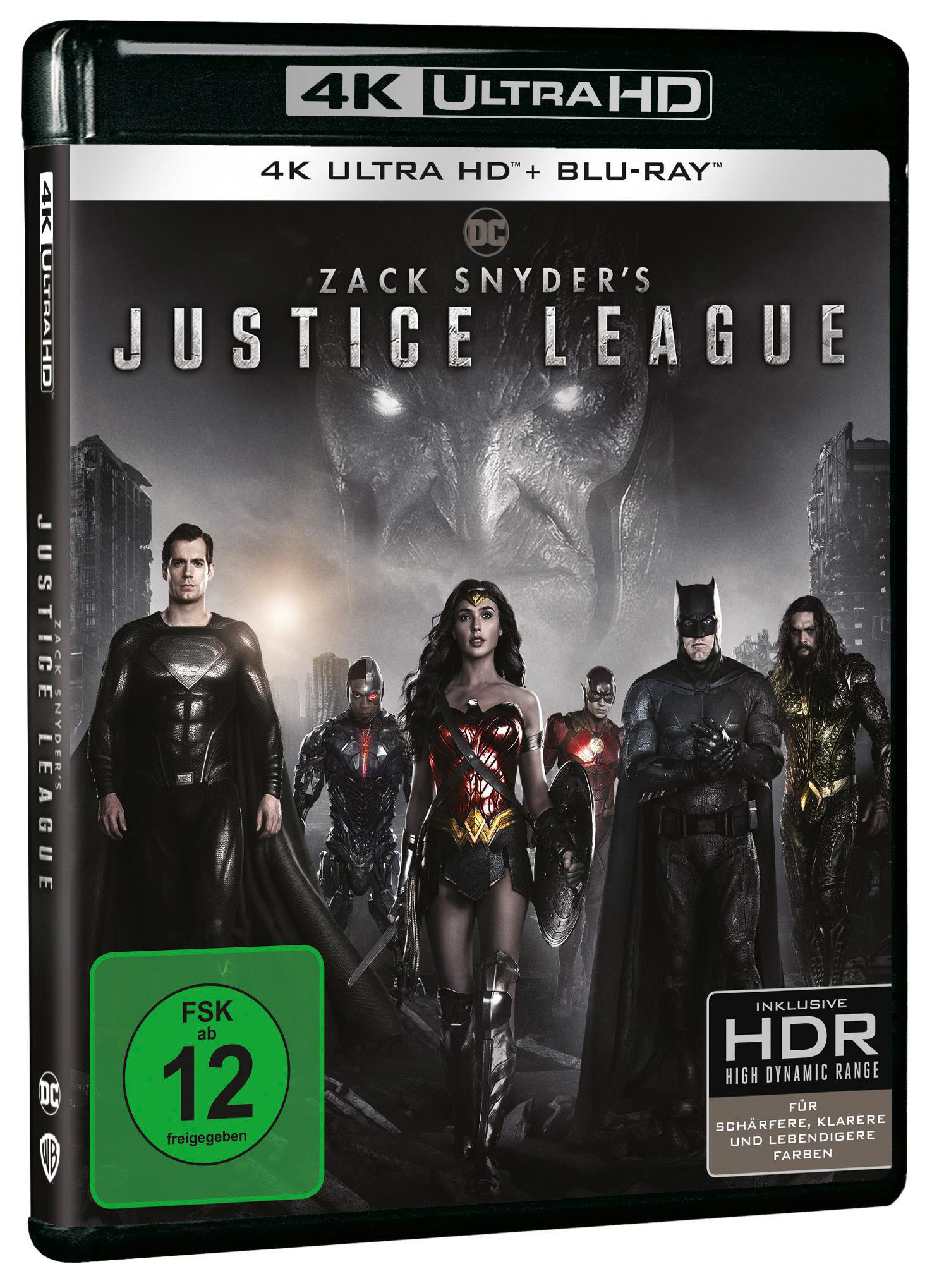 Filmcover von 'Justice League'. Superman, Wonder Woman, Batman und andere stehen zusammen mit einem dunklen Gesicht.