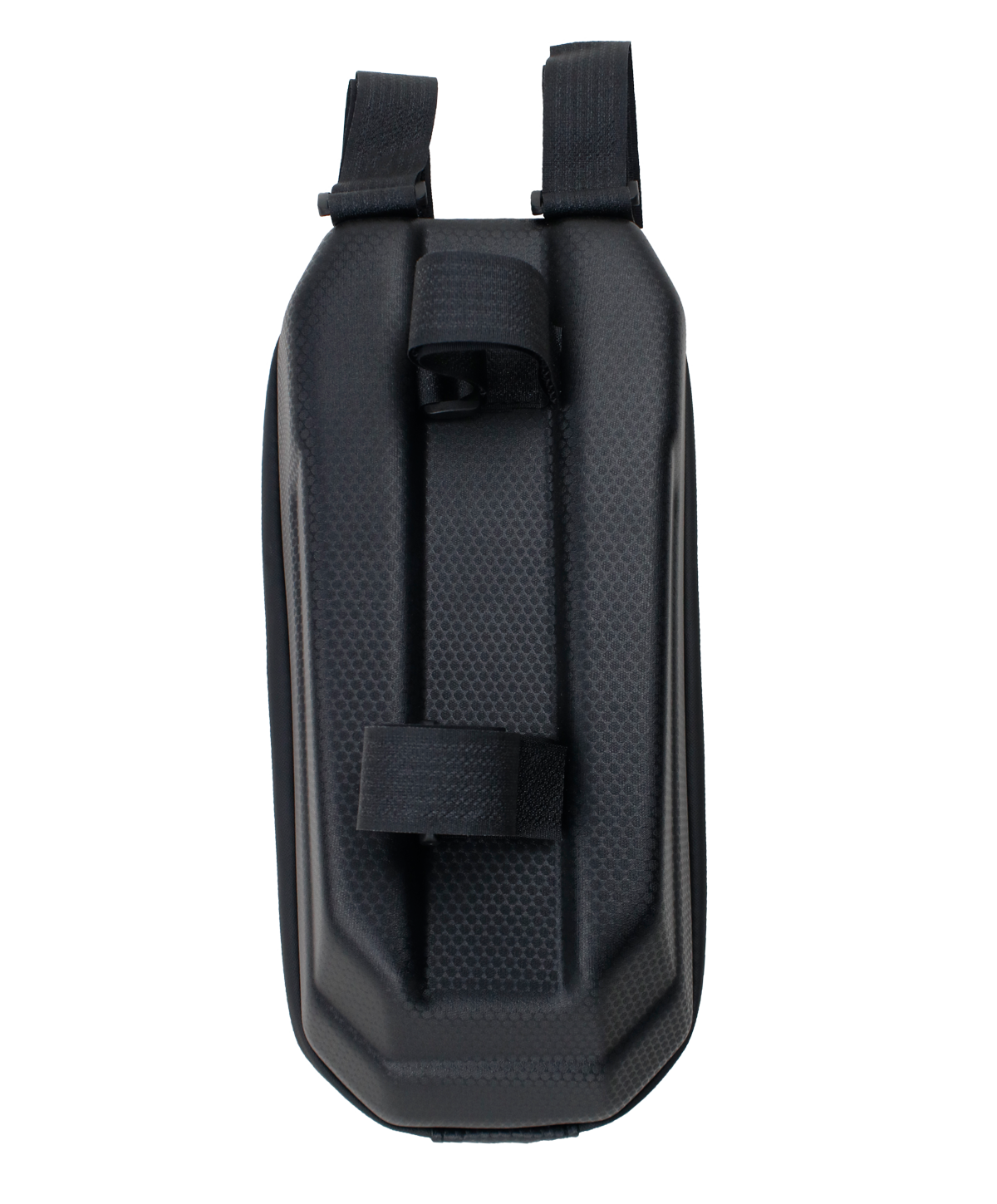 Schwarze Tasche für einen Roller, mit strukturierter Oberfläche und schwarzen Riemen.