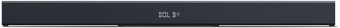 Fekete soundbar 'DOLBY' szöveggel. Hosszú és téglalap alakú.