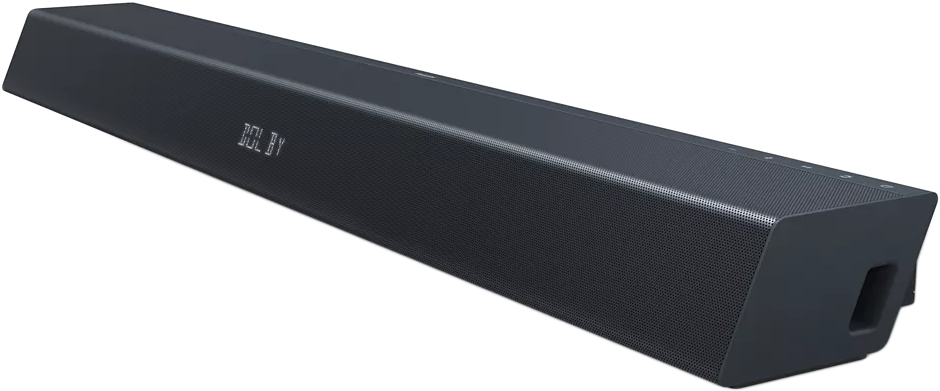Sötétszürke soundbar. A "DOLBY" szöveg látható. Fekete háttér.