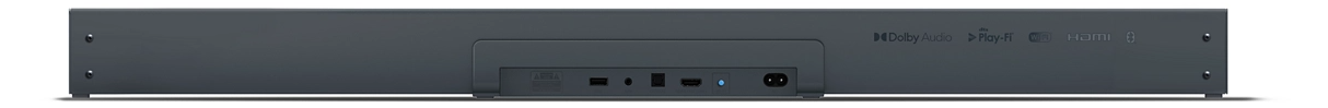Sötétszürke soundbar hátulnézete, különböző portokkal és csatlakozási címkékkel.