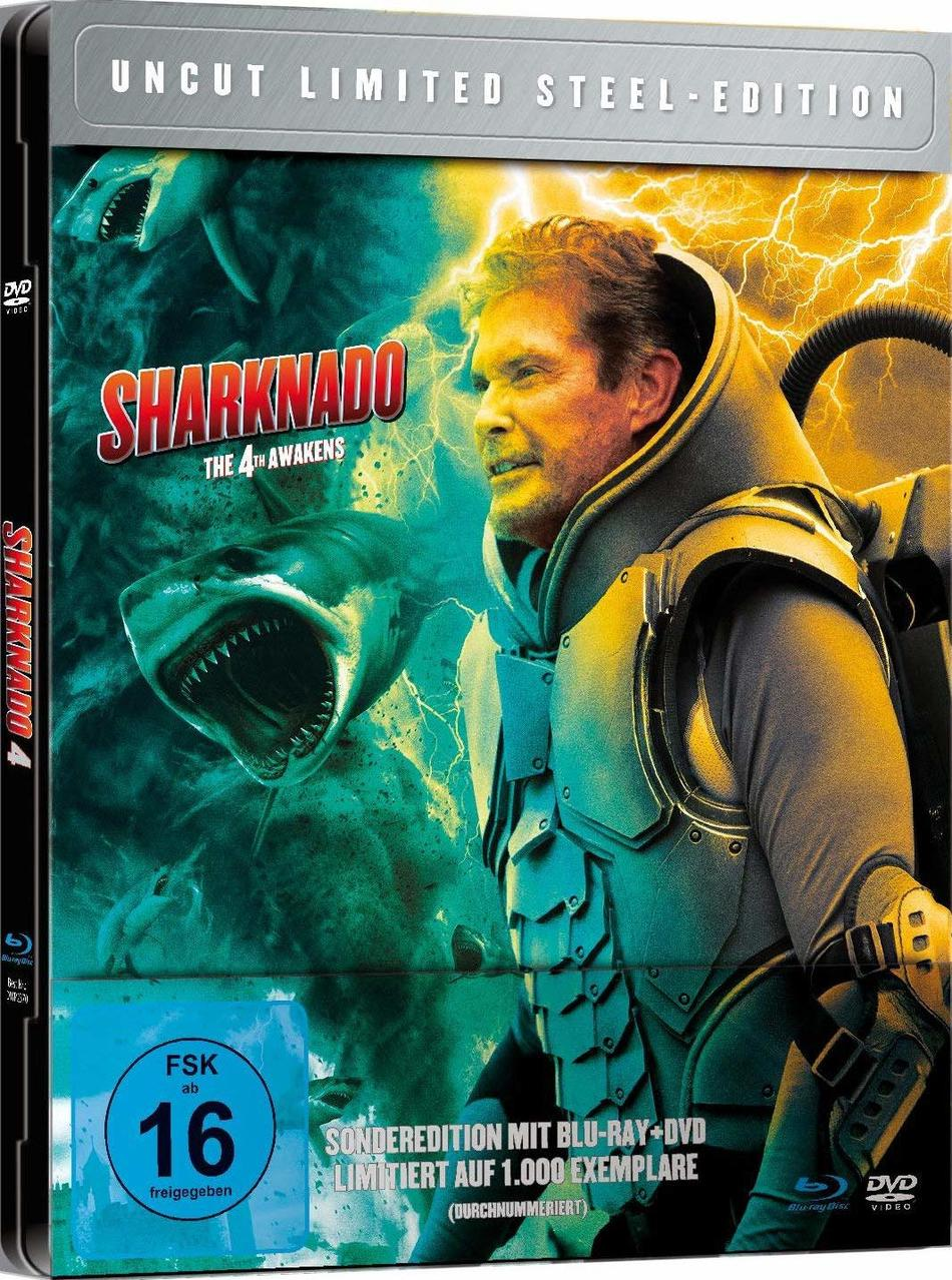 DVD-Hülle von 'Sharknado 4' mit David Hasselhoff auf dem Cover, Haien und Text über den Film.
