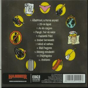 Egy zenei CD hátlapja illusztrációkkal és szöveggel.
