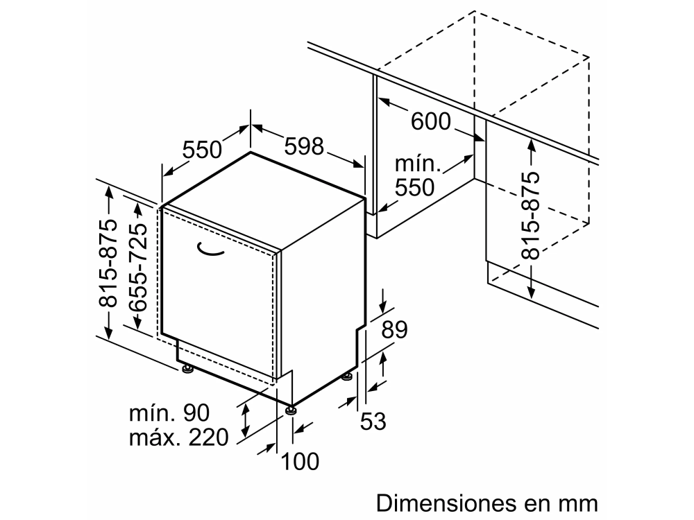 Un dibujo técnico de un lavavajillas con dimensiones en milímetros y piezas etiquetadas.
