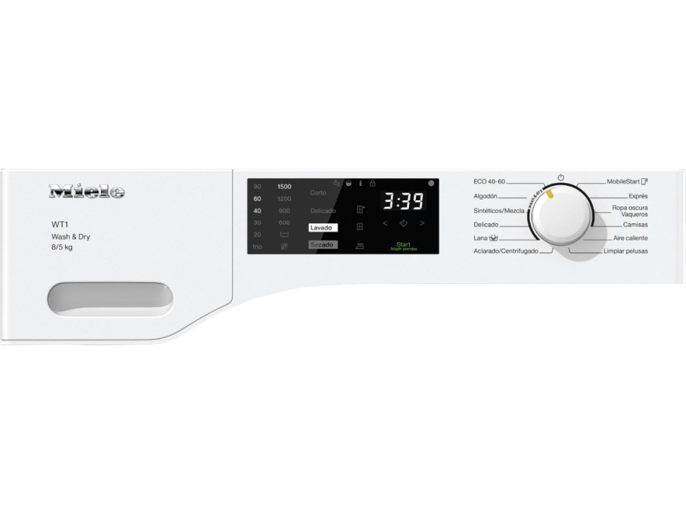 Panel de control de lavadora blanco con botones y pantalla.