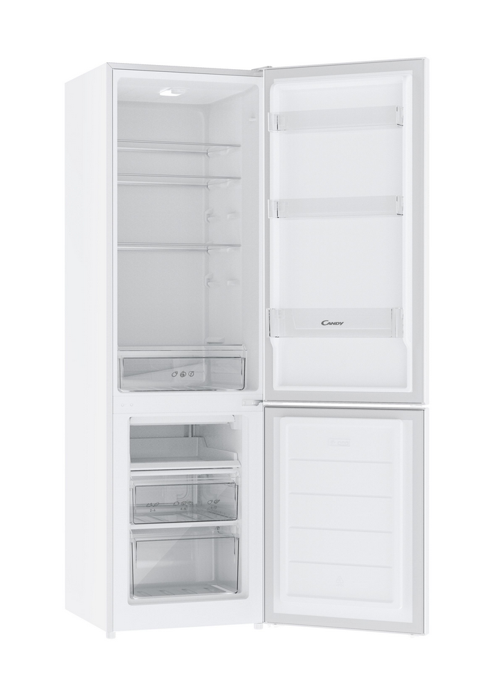 Un refrigerador Candy blanco, con las puertas abiertas, mostrando los estantes y cajones interiores.