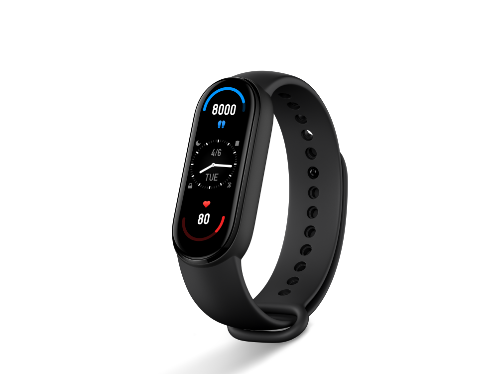 Rastreador de fitness negro con pantalla que muestra la hora, los pasos, la frecuencia cardíaca y la batería. Banda negra.