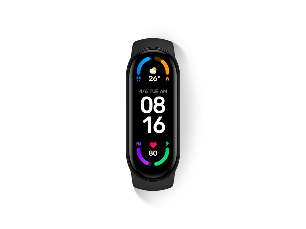 Mi Smart Band 6 negro, que muestra la hora, la fecha y la frecuencia cardíaca.