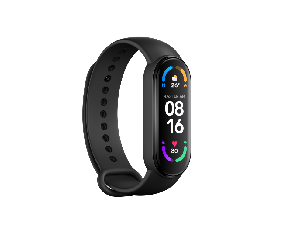 Reloj rastreador de actividad física negro. Muestra hora, fecha, clima y estadísticas.