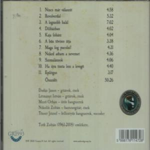 A CD tok hátulja, a dalok listájával és a közreműködőkkel, a szövegek magyarul vannak.
