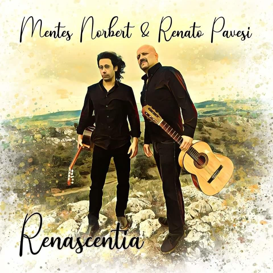 Két férfi gitárral a tájban. Album borító. A cím Renascentia.