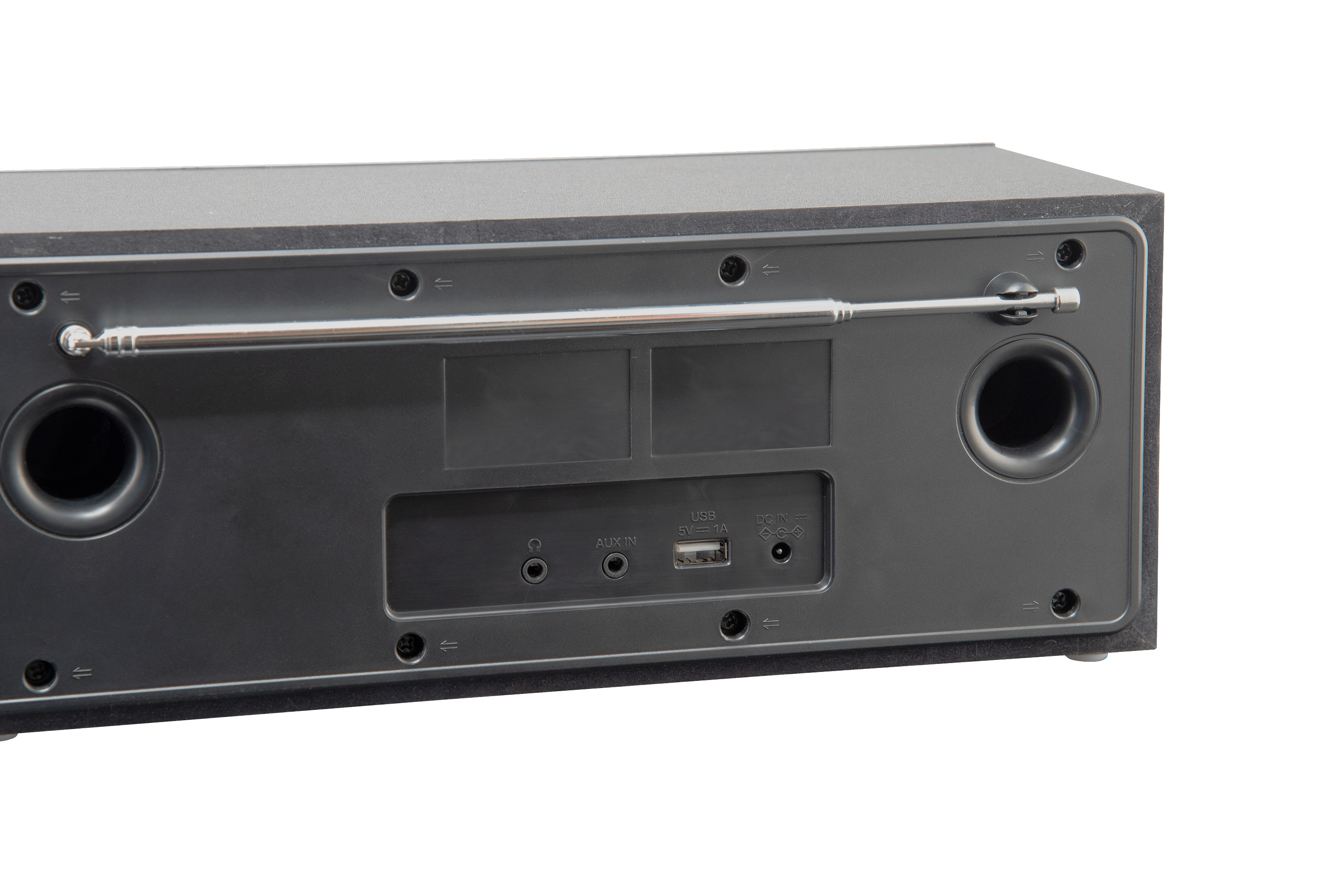 Rückseite einer schwarzen Soundbar mit Eingängen: AUX IN, USB, DC IN. Silberne Antenne und runde Lautsprecher.