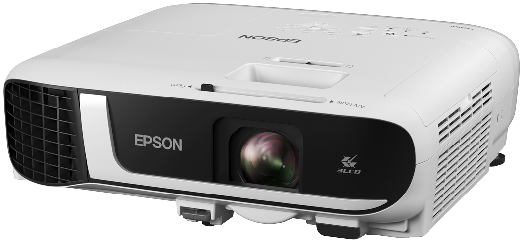 Fehér Epson projektor, elölnézetben. Lencse, szellőzőnyílások és Epson logó látható.
