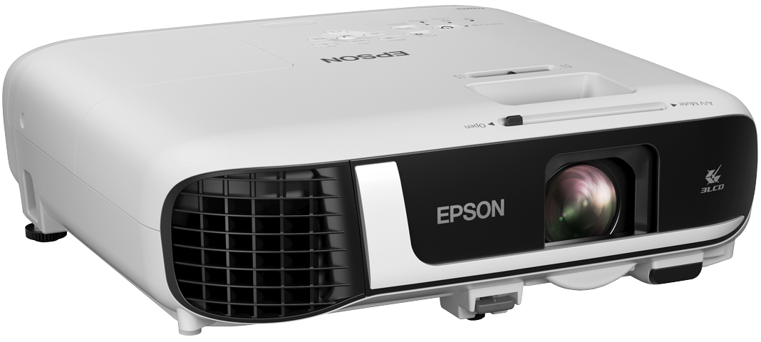 Fehér EPSON projektor. Fekete lencse és vezérlőpanel. EPSON logó látható elöl.