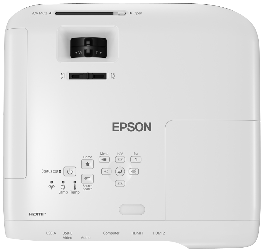 Fehér Epson projektor gombokkal és portokkal. A háttér fehér.