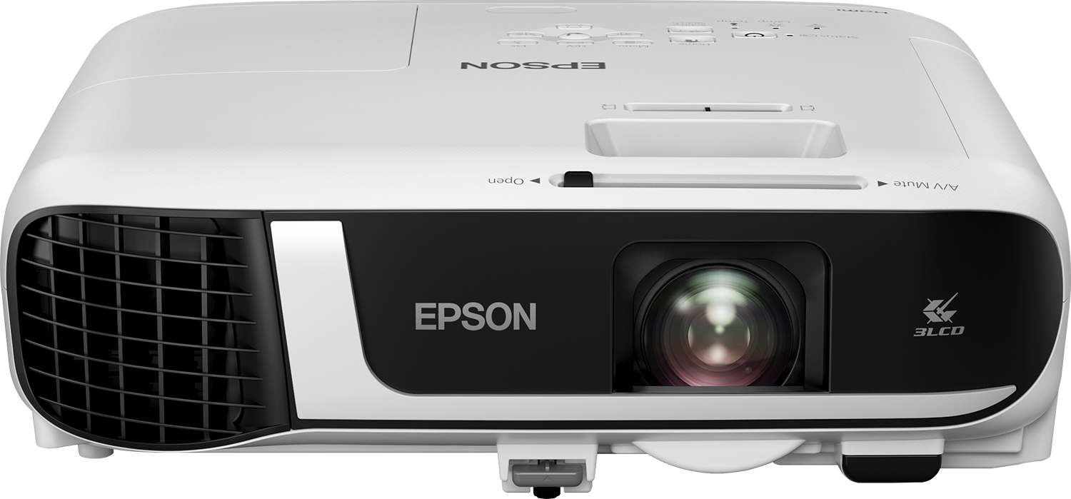 Egy fehér Epson projektor fekete előlappal, az Epson logóval és a projektor részleteivel.