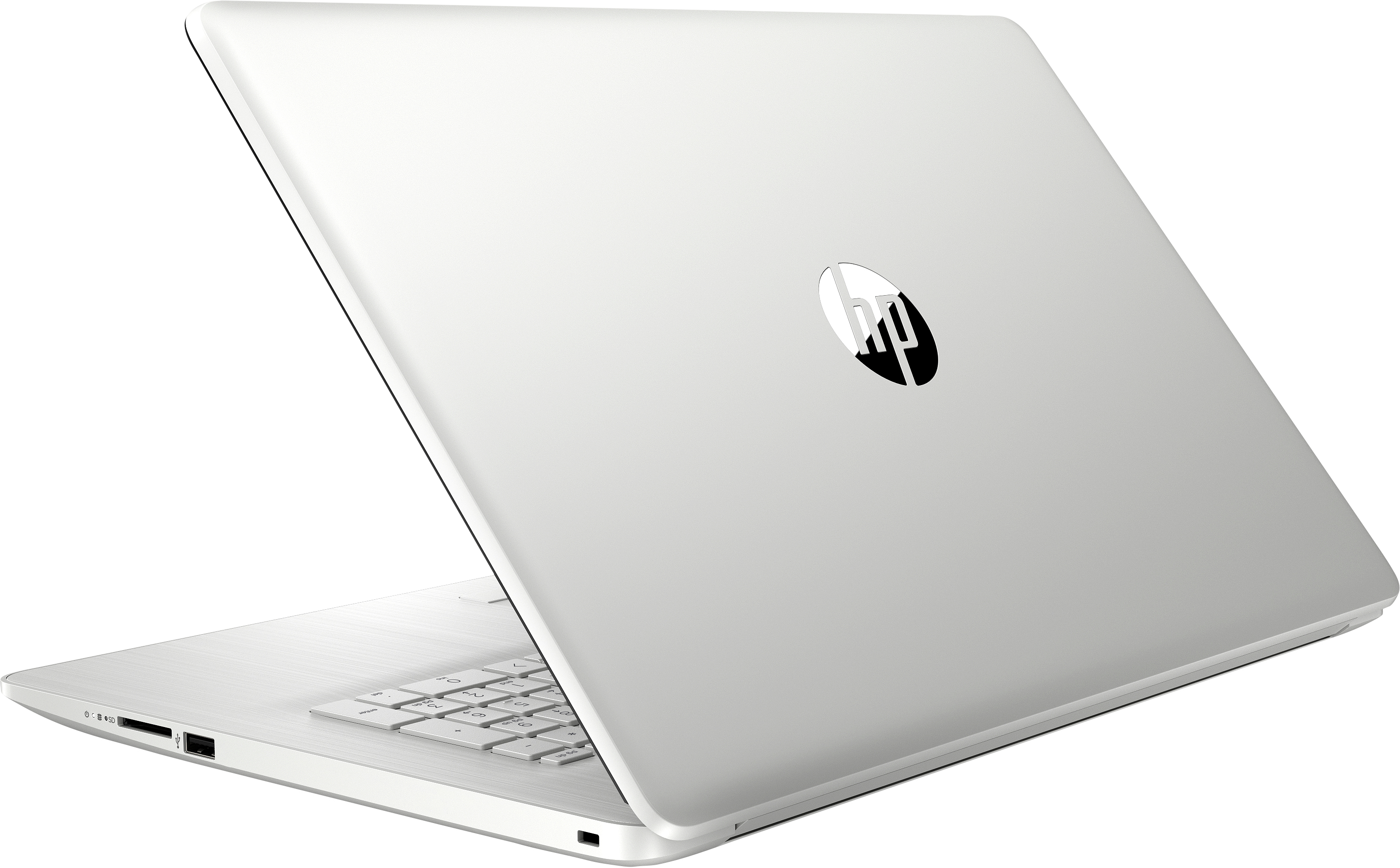 Ein silberner HP-Laptop, Rückansicht, mit geöffnetem Deckel und sichtbarem HP-Logo.