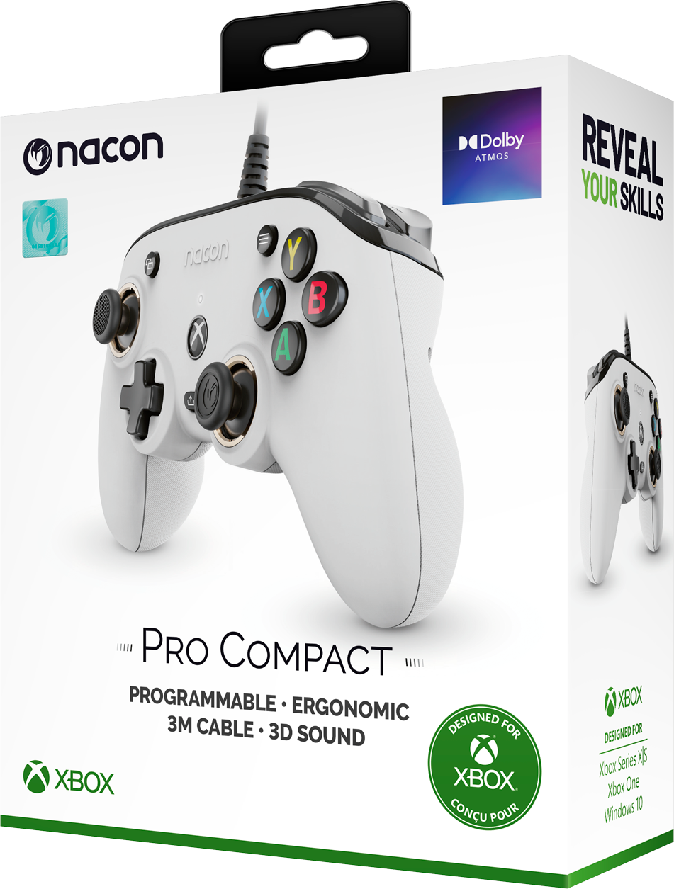 Witte Xbox Pro Compact gamepad met verpakking. Ontworpen voor Xbox.