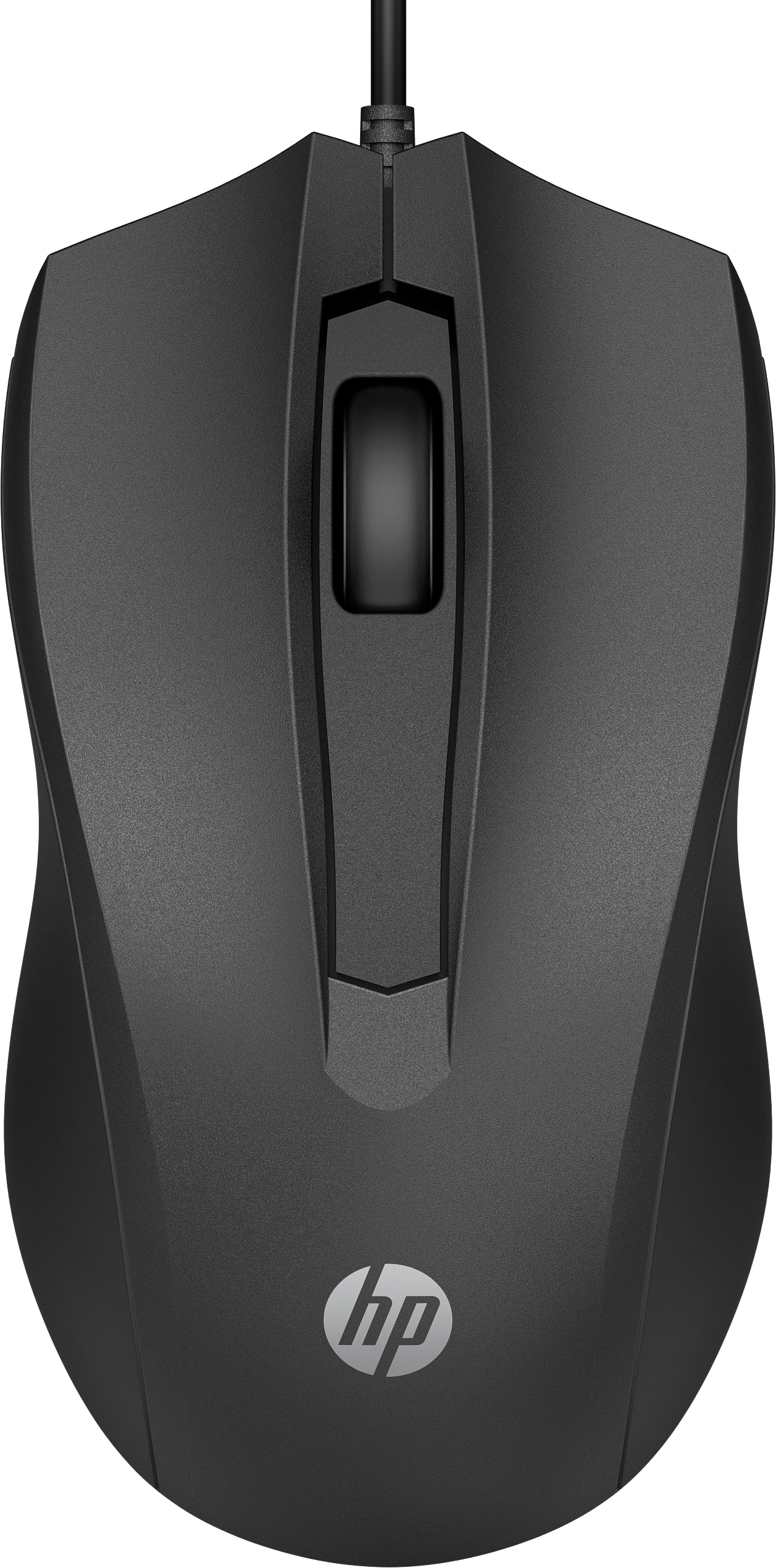 Zwarte HP computermuis met een scrollwiel en twee knoppen, met het HP-logo onderaan.