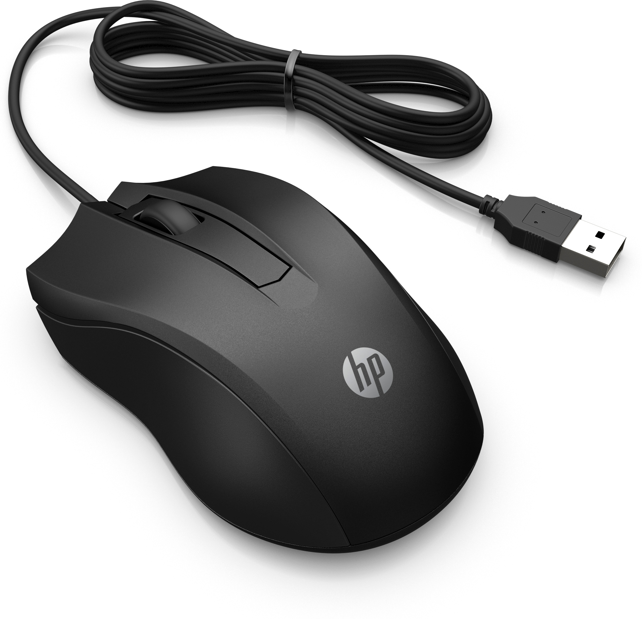 Zwarte computermuis met een aangesloten USB-kabel.