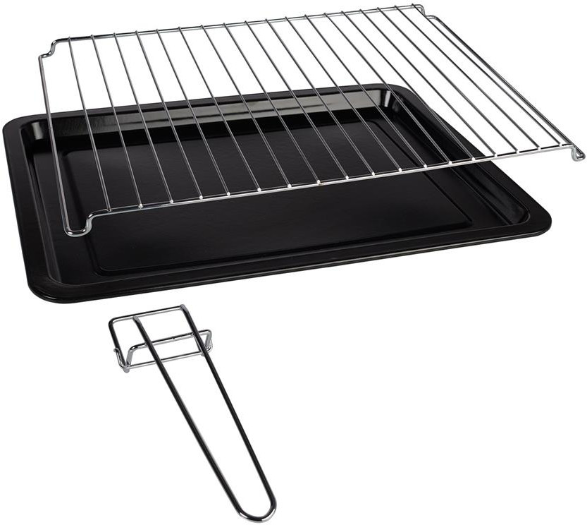Black oven tray and wire rack, with handle, on a white background.