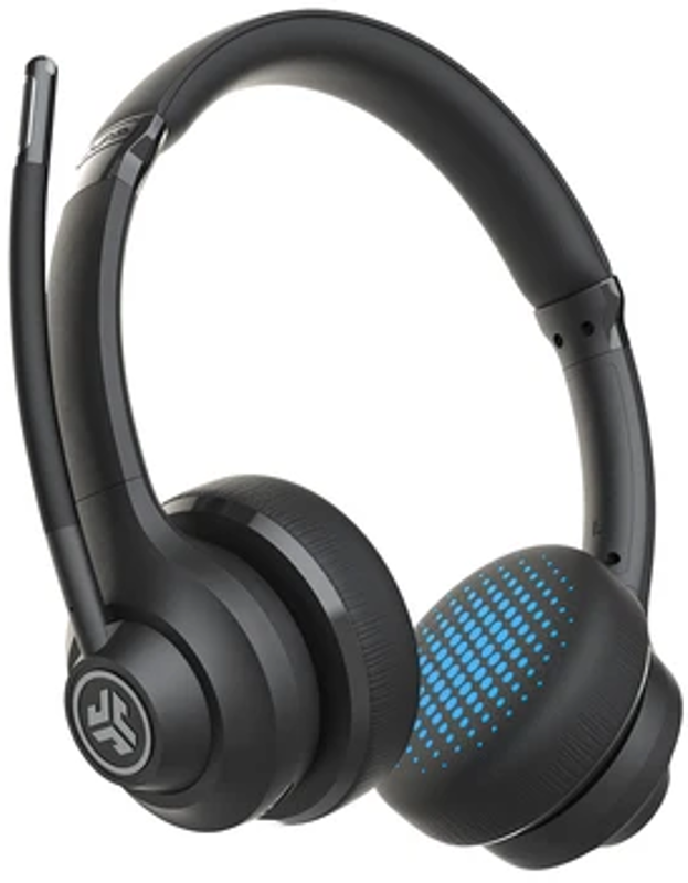 Cuffie wireless nere con un motivo a punti blu sui padiglioni.