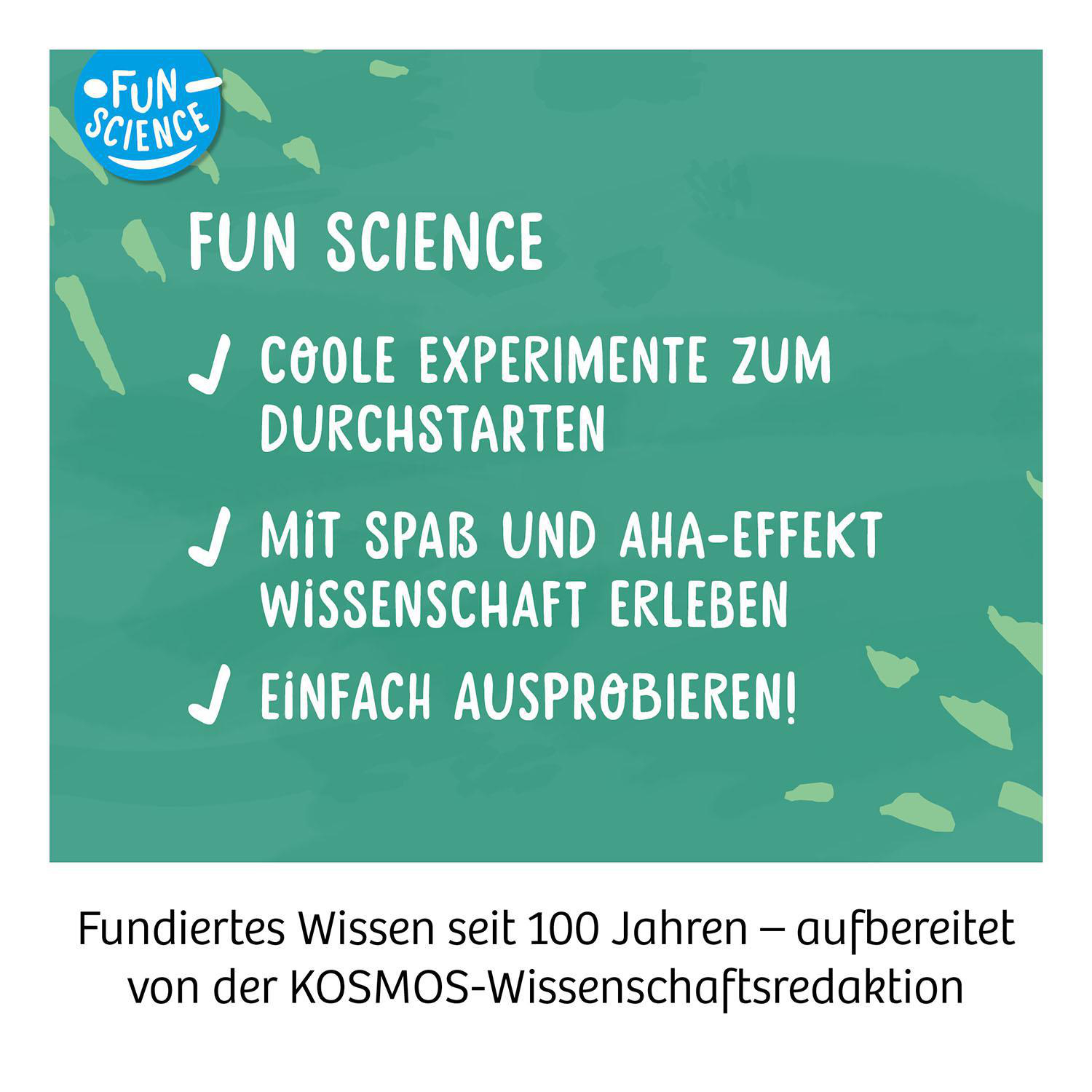 Ein grünes Poster mit Text auf Deutsch und einem Fun Science Logo.