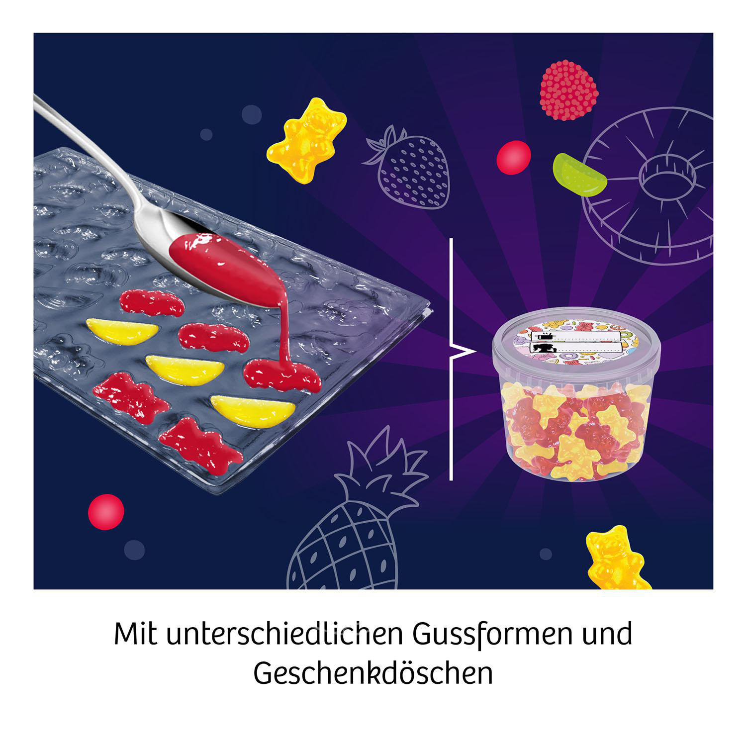 Bunte Gummibärchen in einem Behälter, mit einem Löffel, der rote Flüssigkeit auf Formen gießt. Andere Süßigkeiten sind sichtbar.