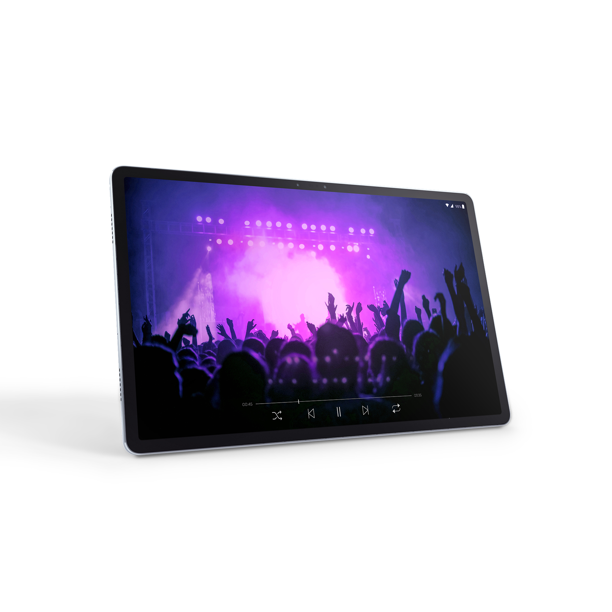 Ein Tablet zeigt ein Konzertvideo. Die Arme der Leute sind erhoben. Wiedergabesteuerung ist sichtbar.
