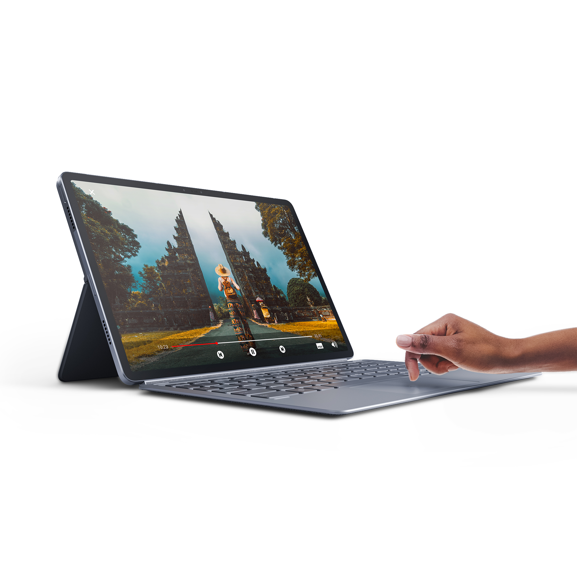 Ein Tablet mit Tastatur zeigt ein Video eines Tempels. Eine Hand berührt den Bildschirm.
