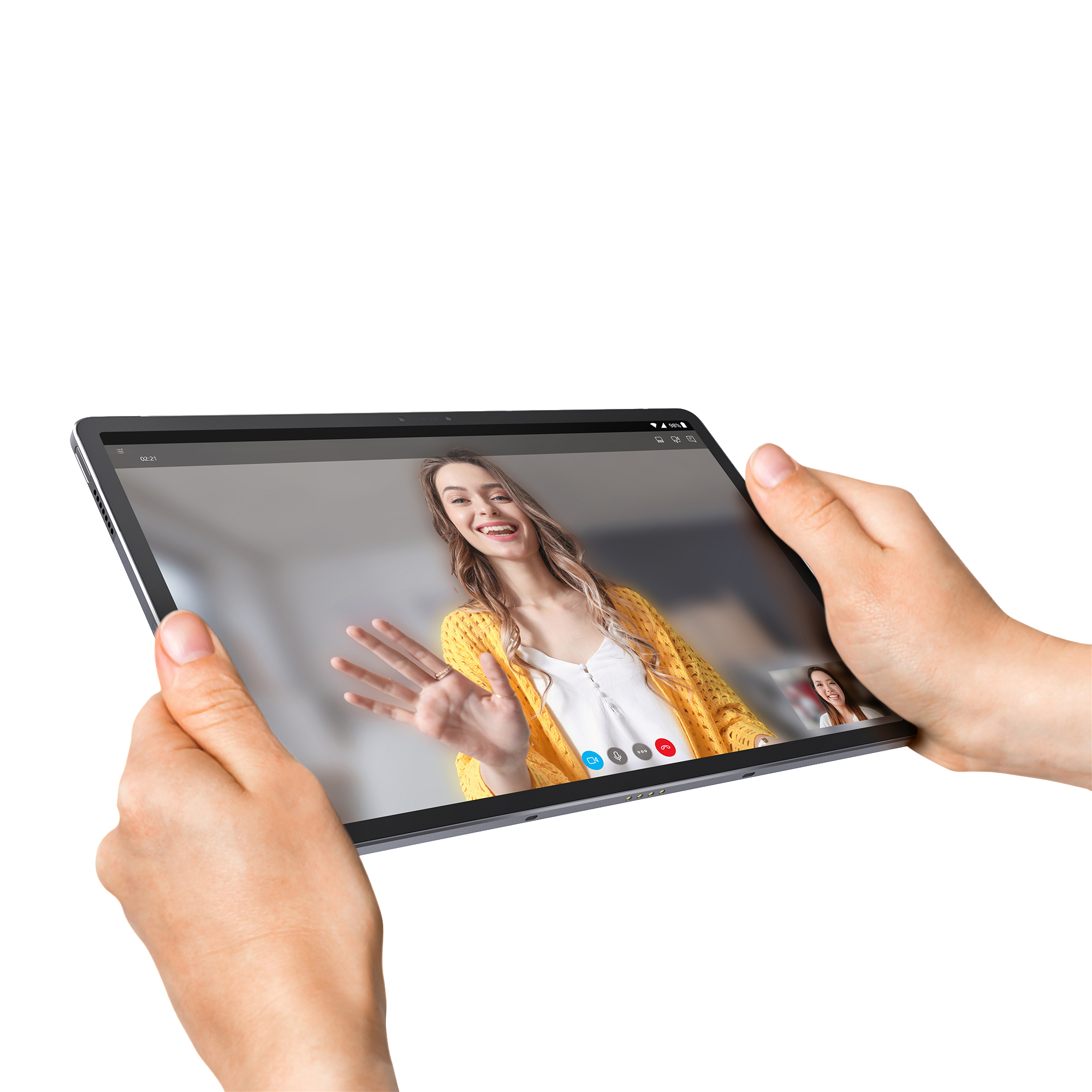 Eine Person, die ein Tablet mit einem Videoanruf hält.