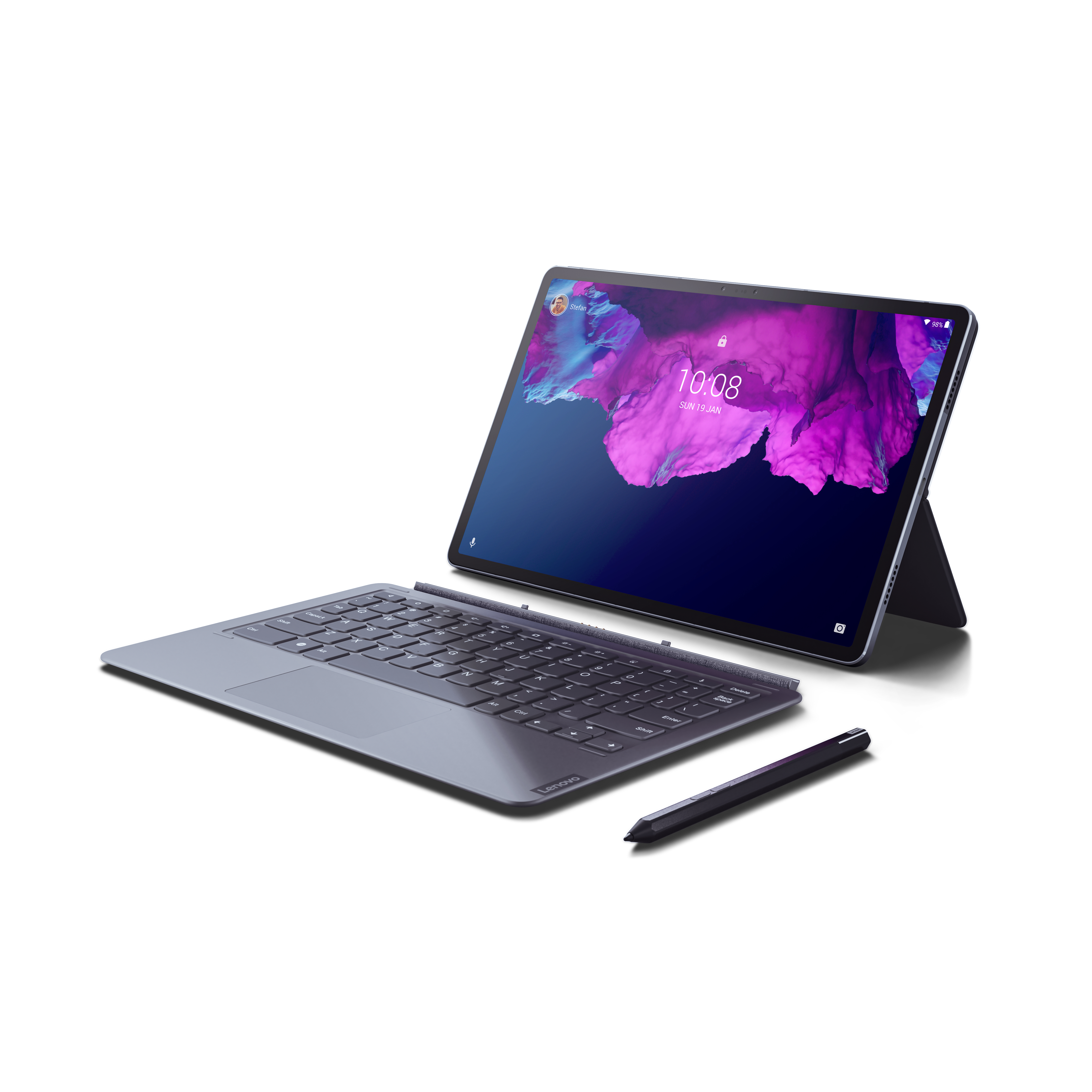 Tablet mit Tastatur und Stift, auf weißer Oberfläche.
