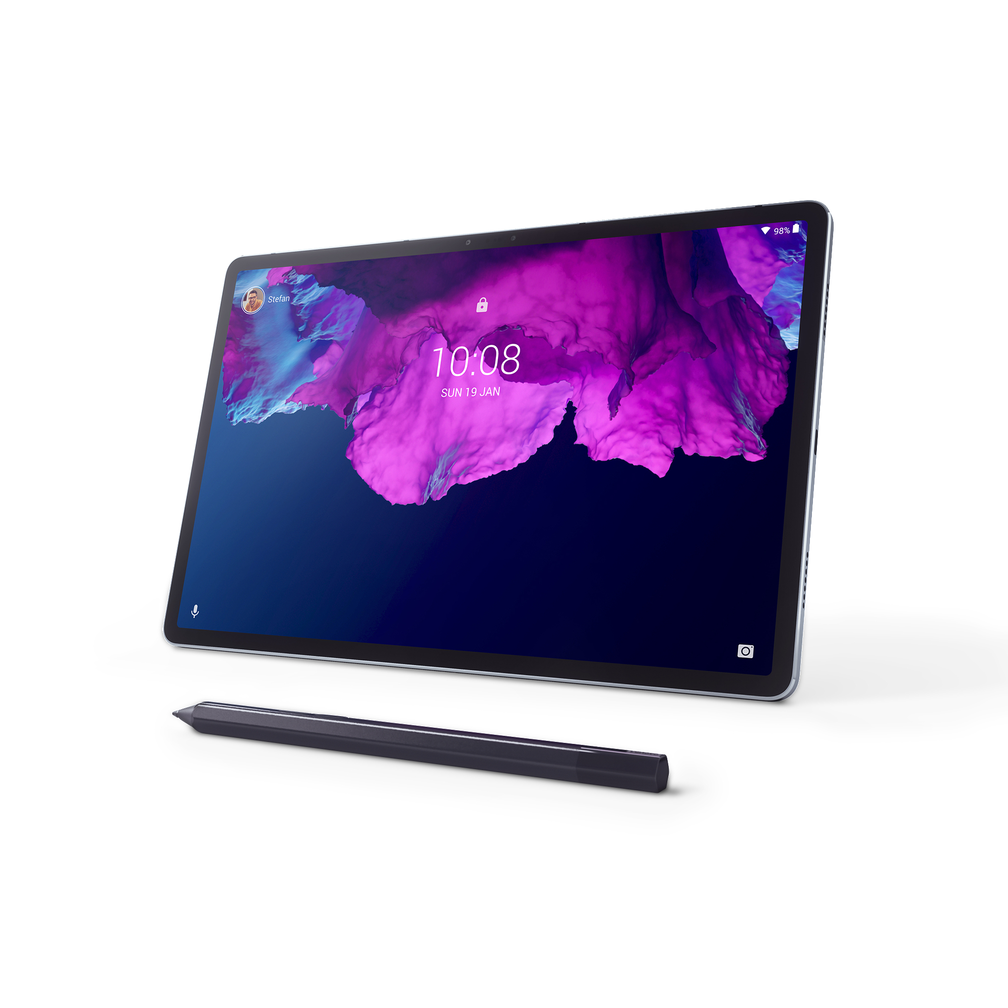 Tablet auf Weiß mit Stift. Anzeige zeigt Datum und Uhrzeit. Rosa-lila Hintergrund.