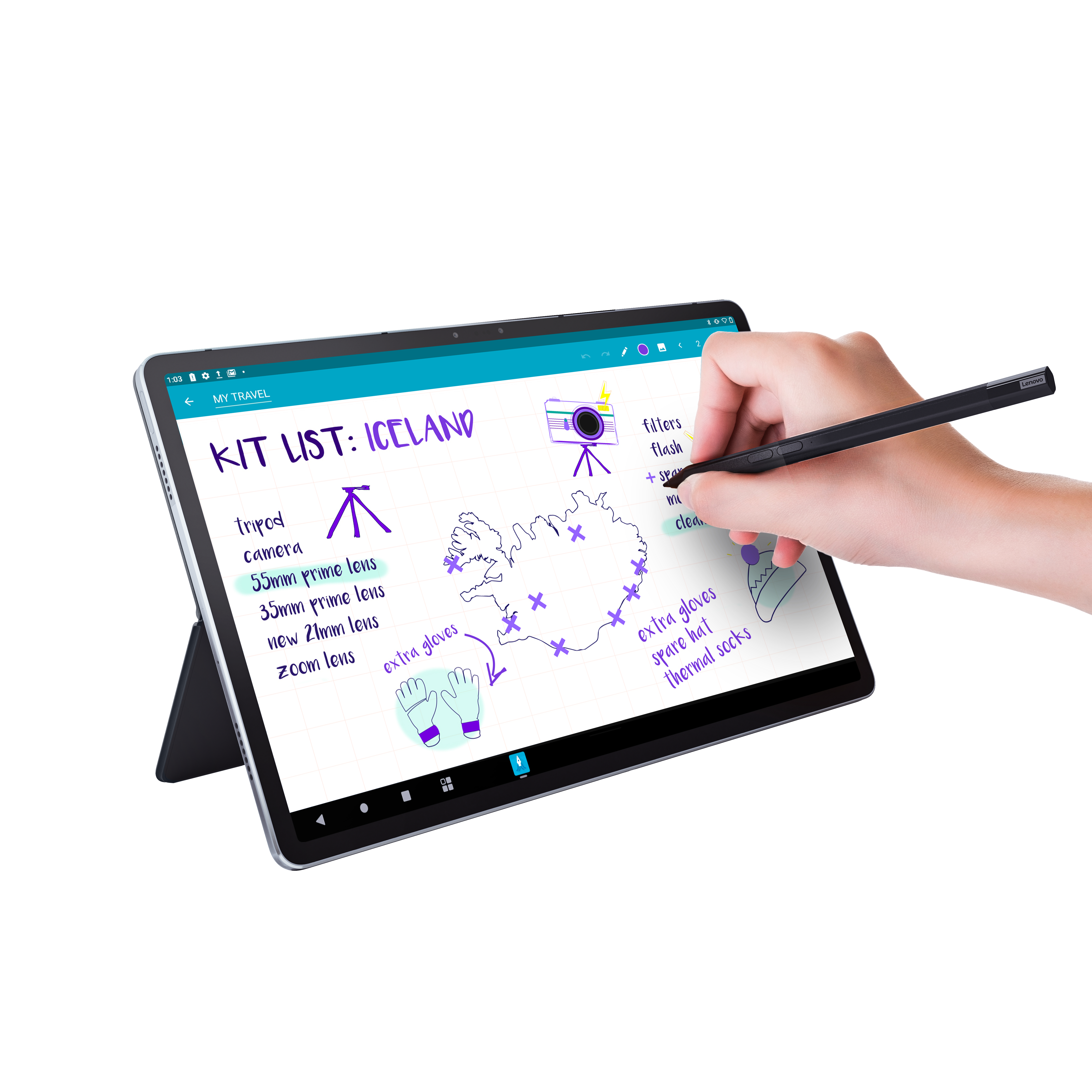 Die Hand einer Person, die auf ein Tablet schreibt.