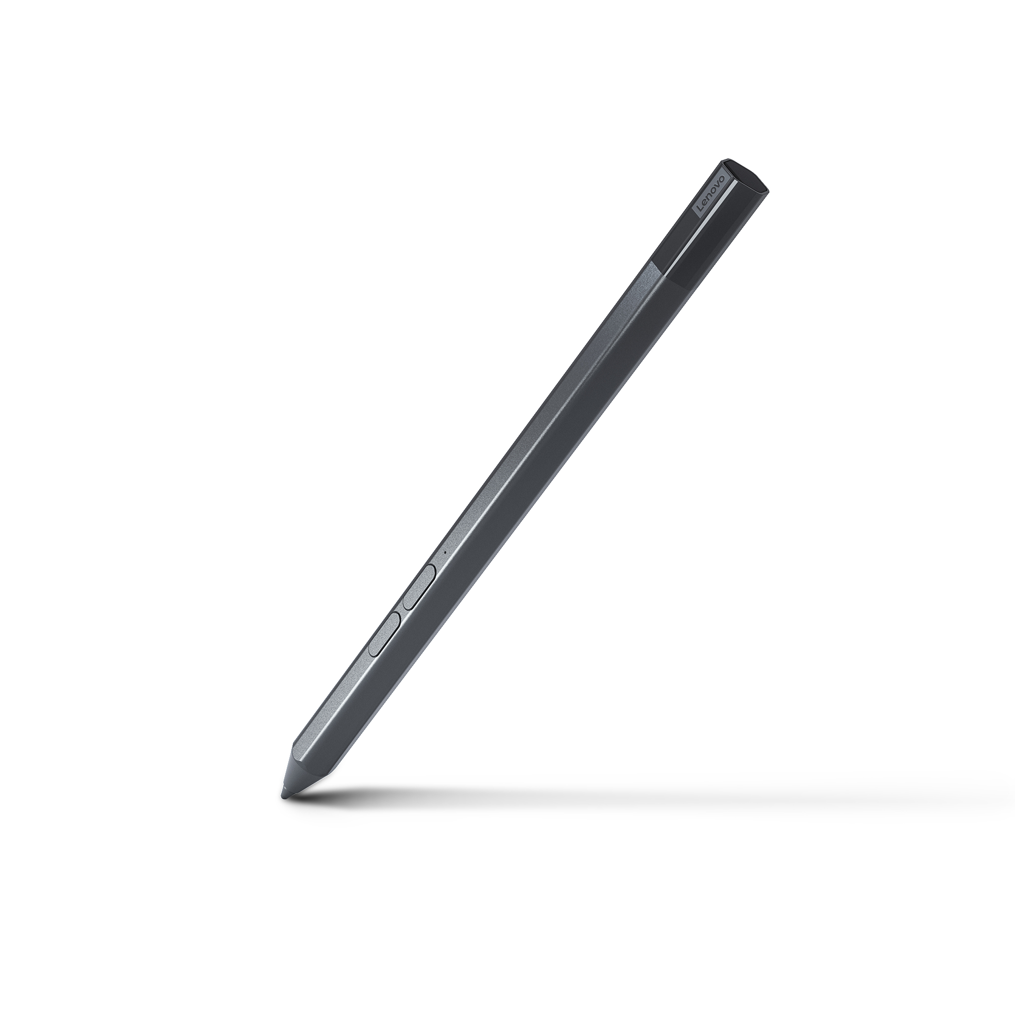 Ein Lenovo-Eingabestift in Anthrazitgrau, auf weißem Hintergrund, mit dezentem Schatten.