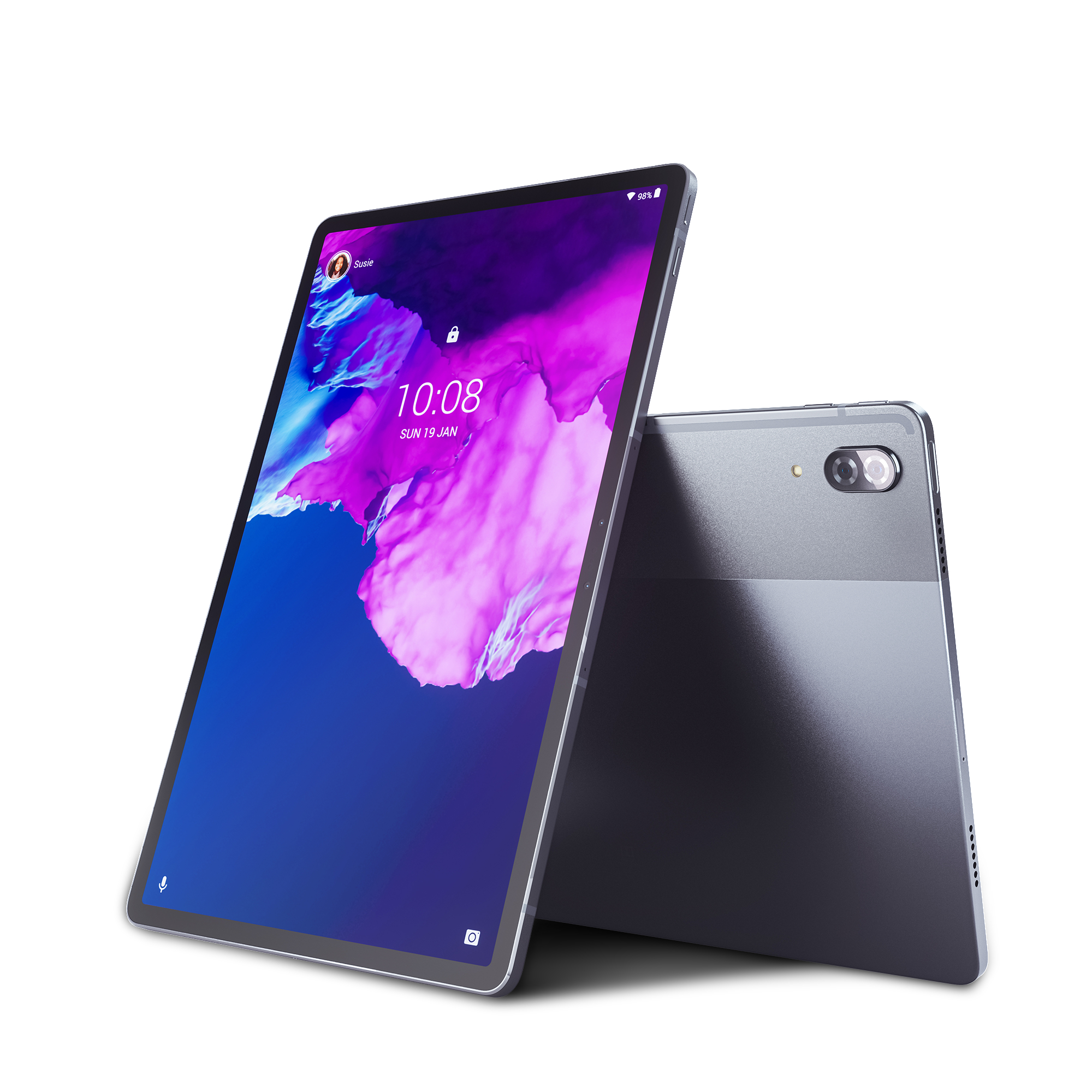 Ein graues Tablet vor weißem Hintergrund, der Bildschirm zeigt eine digitale Kunstszene.