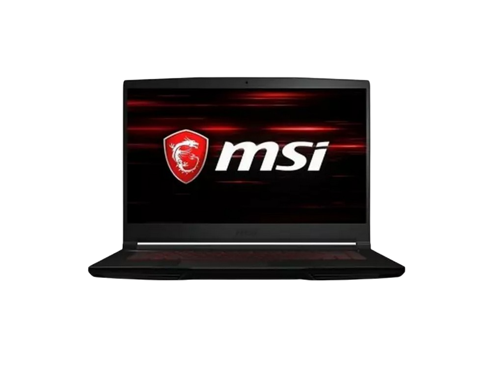 Portátil negro con logo MSI en pantalla, detalles rojos. Fondo oscuro.