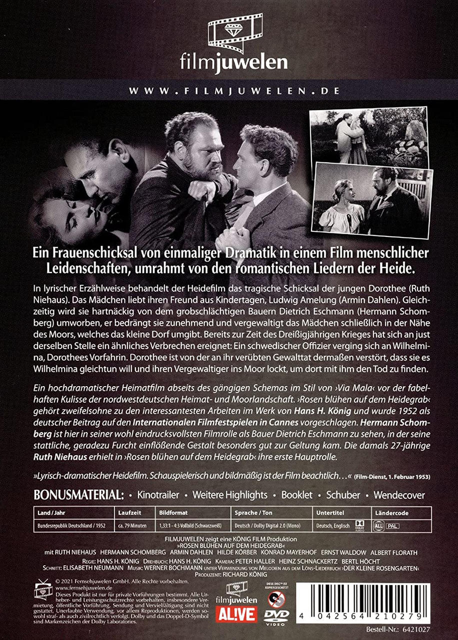 DVD-Rückseite mit Schwarzweißfotos, Text auf Deutsch und einem Filmposter.