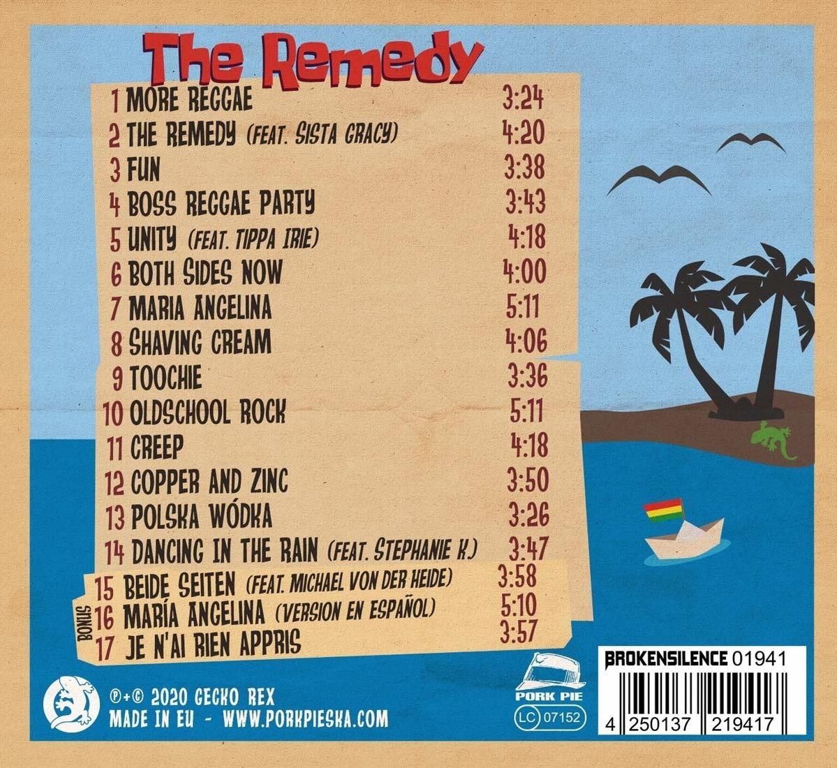 Rückseite einer CD-Hülle mit Titelliste, Albumtitel und Logo. Es ist ein brauner Hintergrund.
